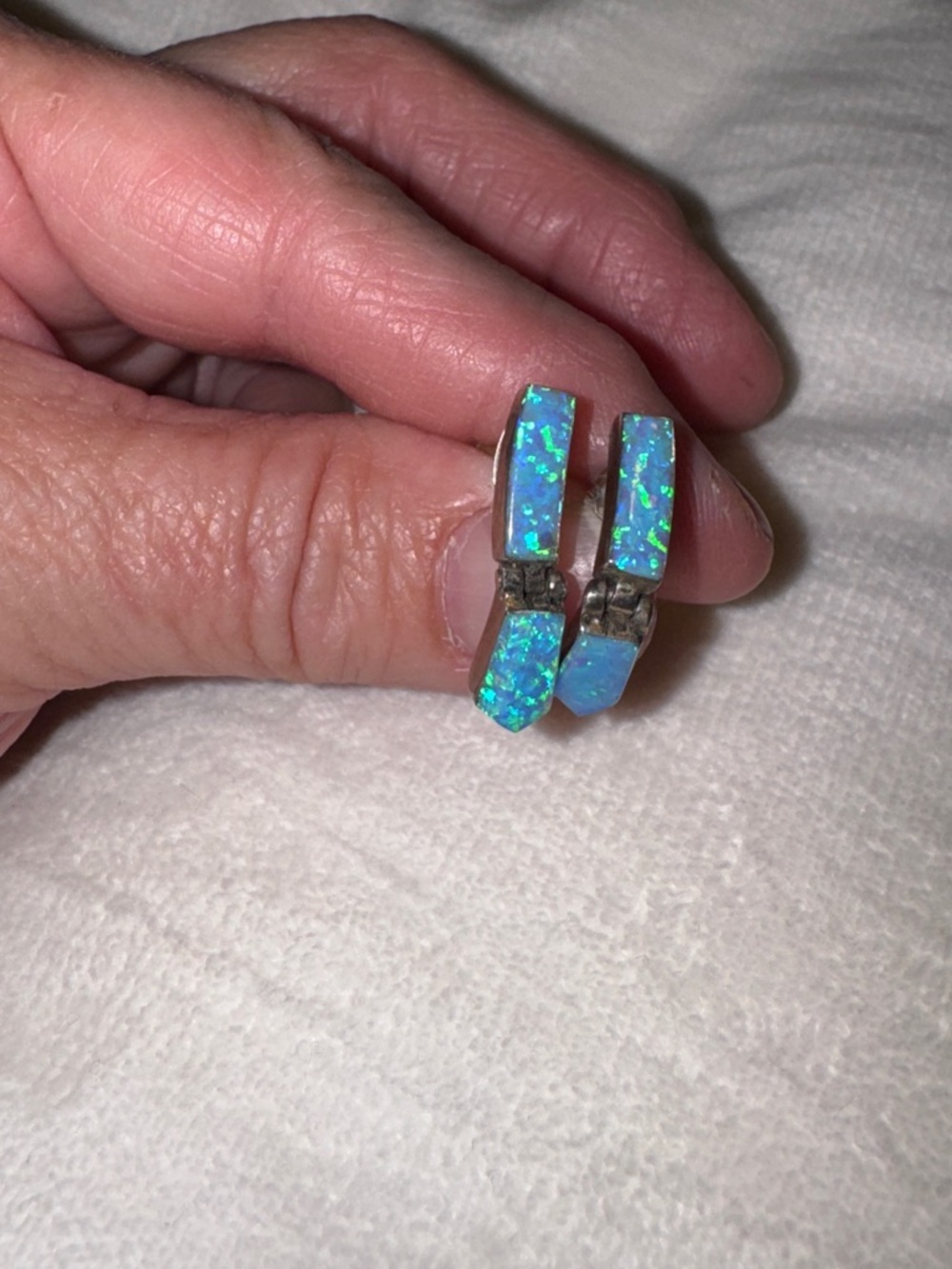 Vintage Sterling Silver Blue Opal Hoop Earrings - Blue Opal Inlay